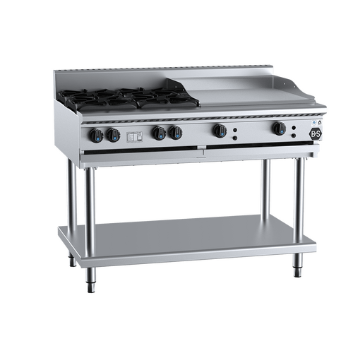 B+S Black BT-SB4-GRP6 Gas Combination Four Open Burners & 600mm Grill Plate on Stand - BT-SB4-GRP6