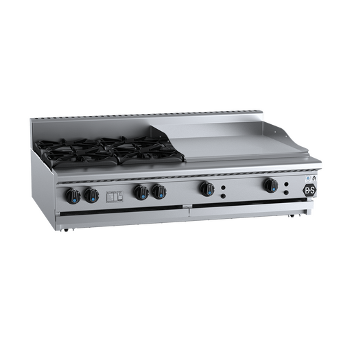 B+S Black BT-SB4-GRP6BM Gas Combination Four Open Burners & 600mm Grill Plate - Bench Mounted - BT-SB4-GRP6BM