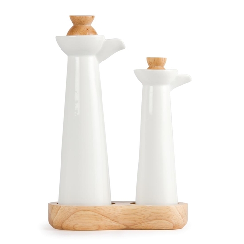 Olympia Whiteware Vinegar & Oil Bottle Set With Wooden Base & Stoppers - CB705