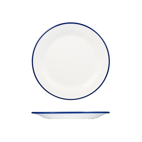 Ryner Melamine Evoke Round Plate - Wide Rim White With Blue Rim 270mm - Box of 12